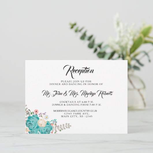 Elegante Blumen Hochzeitsempfang Begleitkarte (Stehend Vorderseite)