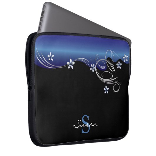 Elegante Blumen in Sapphire Blau und Schwarz Laptopschutzhülle (Vorne Rechts)