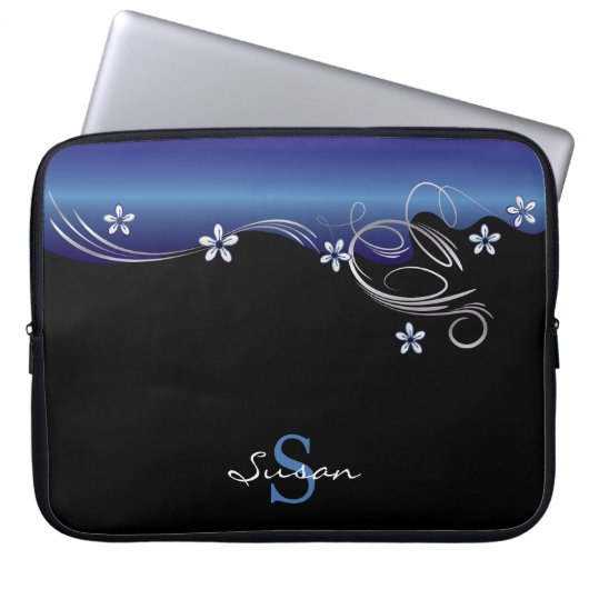 Elegante Blumen in Sapphire Blau und Schwarz Laptopschutzhülle (Vorderseite)