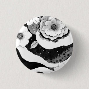 Elegante Blumen in Schwarz und Weiß Button
