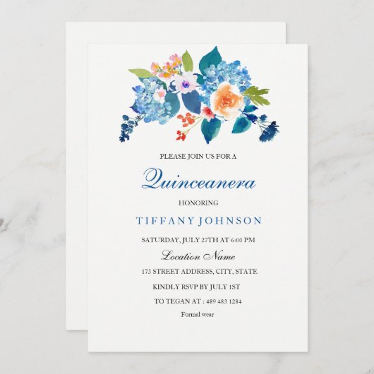 Elegante Blumen & Pfirsichblumen Einladung (Vorne/Hinten)