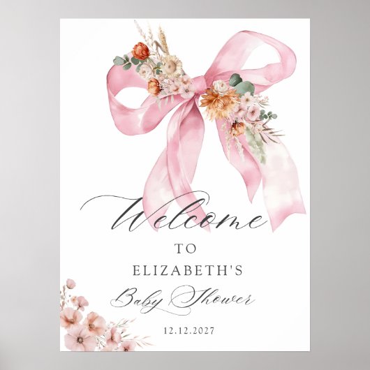 Elegante Blumen Pink Bow Baby Dusche Willkommen Poster (Vorne)