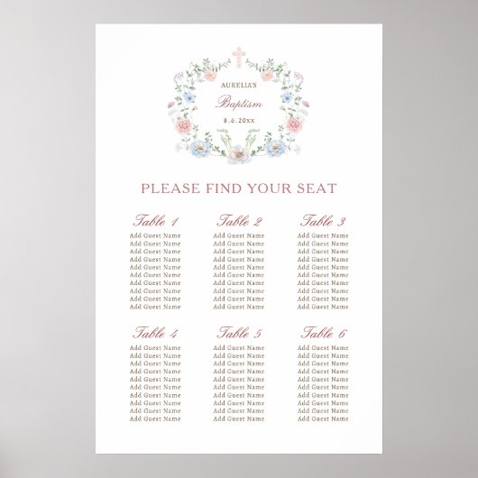 Elegante Blumen-Rahmen-Taufe-Seating-Chart Poster (Vorne)