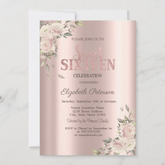 Elegante Blumen Roségold Sweet 16 Geburtstag Einladung