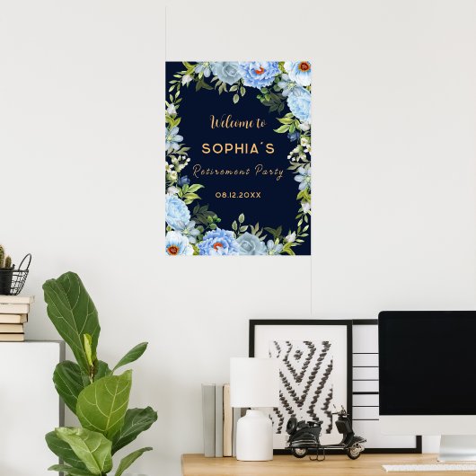 Elegante Blumen Ruhestand Party Begrüßungszeichen Poster (Heimbüro)