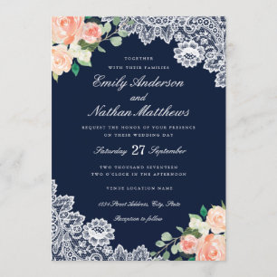 Elegante Blumen-Spitze Navy Pfirsich Hochzeitseinl Einladung