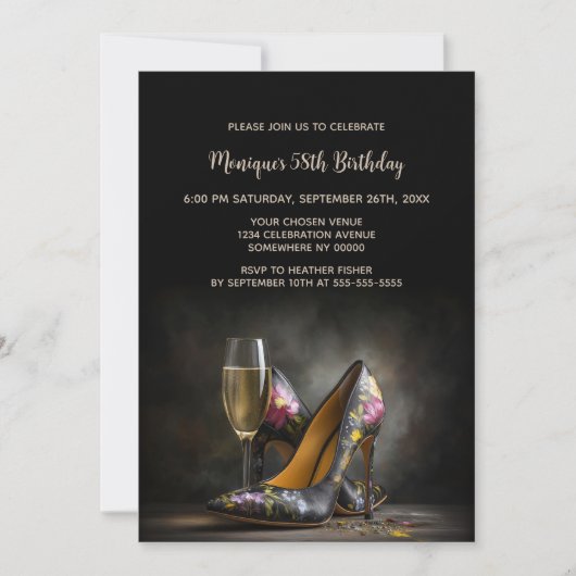 Elegante Blumen-Stöckelschuhe Geburtstagsfeier Einladung (Vorderseite)