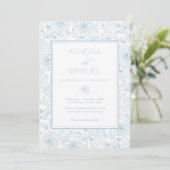 Elegante Blumen Toile Blue Wedding Einladung (Stehend Vorderseite)