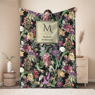 Elegante Blumen und Blätter schwarzes Floral Fleecedecke