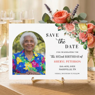 Elegante Blumen- und Foto-102. Geburtstagsfeier  Save The Date
