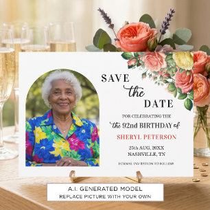 Elegante Blumen- und Foto-92. Geburtstagsfeier Save The Date