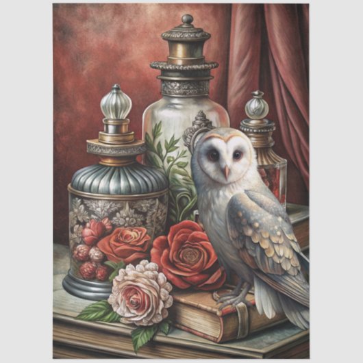 Elegante Blumen- und weiße Eulen-Möbel-Decoupage Seidenpapier (Vorderseite)