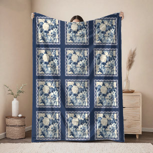 Elegante Blumen-Vase Blau Chinoiserie-Toile Monogr Fleecedecke