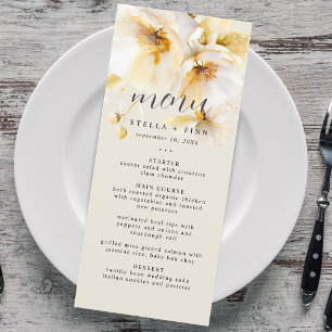 Elegante Blumen Weiße Goldene Hochzeitssand Menükarte