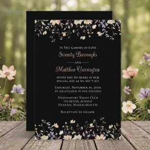 Elegante Blumen-Wildblumen Schwarze Boho-Hochzeit Einladung