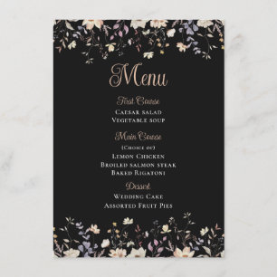 Elegante Blumen-Wildblumen-Schwarze Hochzeitsmenü Menükarte