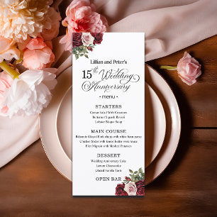 Elegante Blumen zum 15. Hochzeitstag Menükarte