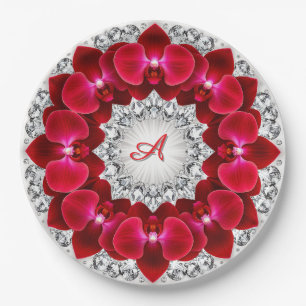 Elegante Blumenanordnung mit roten Orchideen Pappteller