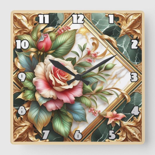Elegante Blumenarrangements mit Rose und Blätter Quadratische Wanduhr (Vorderseite)