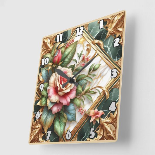 Elegante Blumenarrangements mit Rose und Blätter Quadratische Wanduhr (Winkel)