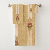 Elegante Blumenbänder auf geschnitztem Gold Damask Badhandtuch Set (Insitu)