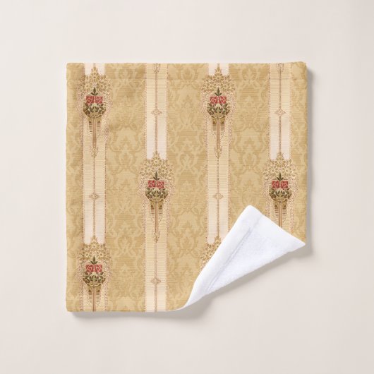 Elegante Blumenbänder auf geschnitztem Gold Damask Badhandtuch Set (Waschlappen)