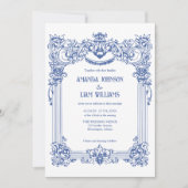 Elegante Blumenbarocke Blauer Säulenhochzeit Einladung (Vorderseite)