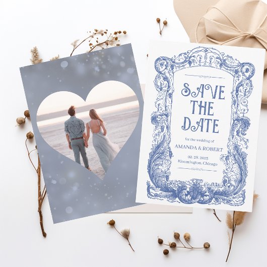 Elegante Blumenbarocke Blauer Säulenhochzeit Save The Date