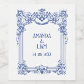 Elegante Blumenbarocke Blauer Säulenhochzeit Weinetikett (Einzelnes Label)