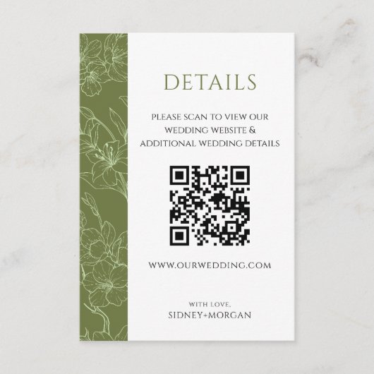 Elegante Blumenblätter Grüne Hochzeit QR-Codedetai Begleitkarte (Vorderseite)