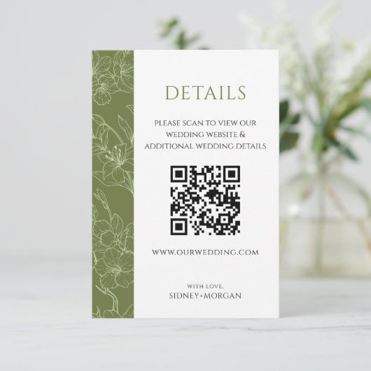 Elegante Blumenblätter Grüne Hochzeit QR-Codedetai Begleitkarte (Stehend Vorderseite)