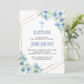 Elegante Blumenblauer Taufe Einladung (Stehend Vorderseite)