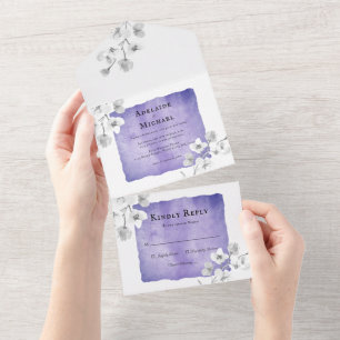 Elegante Blumenblume Lavendel Wasserfarbenhochzeit All In One Einladung
