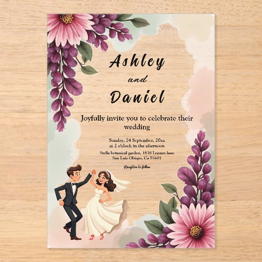 Elegante Blumenbräune Groom Chic Hochzeit Acryleinladungen (Vorderseite)