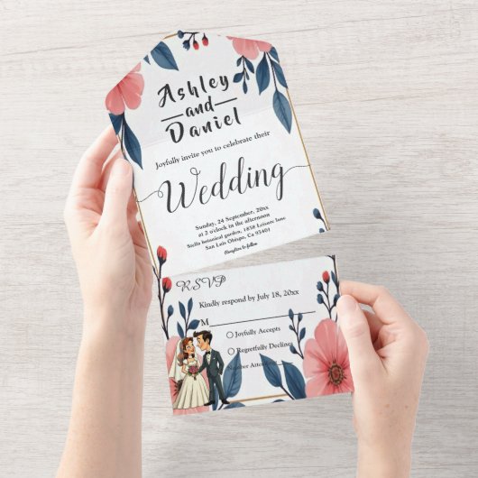 Elegante Blumenbräune Groom Chic Hochzeit All In One Einladung (Abreißen)