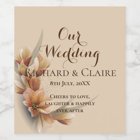 Elegante Blumenbride und Groom Wedding Weinetikett (Einzelnes Label)