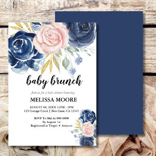 Elegante Blumenbrunch-Dusche in blau-rosa Farbe Einladung
