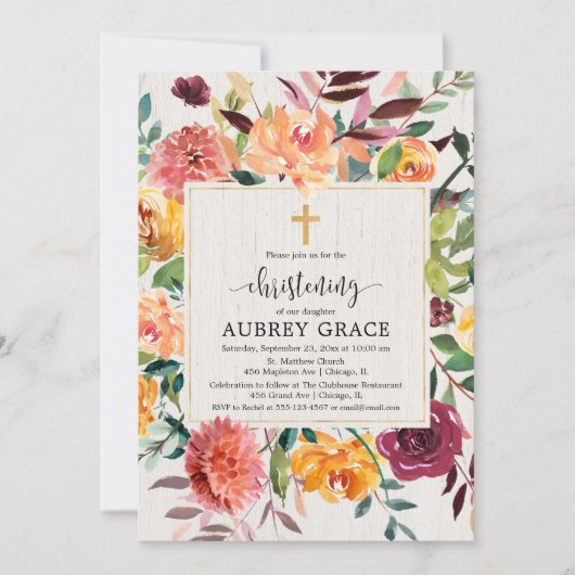 Elegante, blumenburgundische Taufe Einladung (Vorderseite)