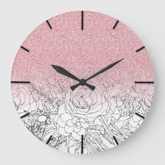 Elegante Blumendoodles Rosa Glitzer Bild Große Wanduhr (Vorderseite)