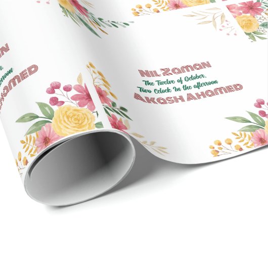 Elegante Blumendusche mit zwei Namen - Einladung Geschenkpapier (Rolleneckpunkt)