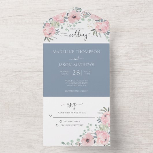 Elegante Blumendusty Blush Pink Wasserfarbenhochze All In One Einladung (Innen Boden)