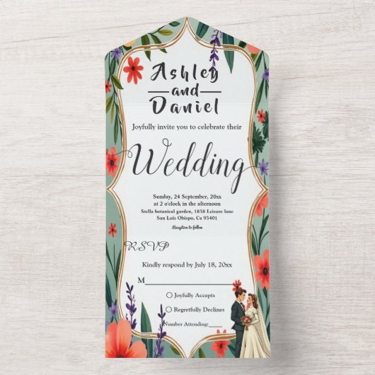 Elegante Blumengarten Braut & Groom Sommerhochzeit All In One Einladung (Innen Boden)