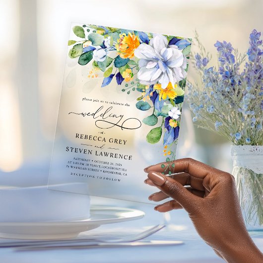 Elegante, blumengelbe blaue Hochzeit Acryleinladungen