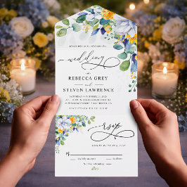 Elegante, blumengelbe blaue Hochzeit All In One Einladung