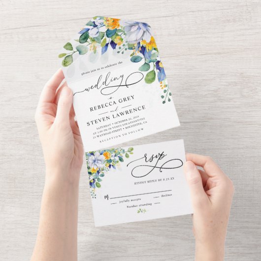 Elegante, blumengelbe blaue Hochzeit All In One Einladung (Abreißen)