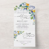 Elegante, blumengelbe blaue Hochzeit All In One Einladung (Innen Boden)