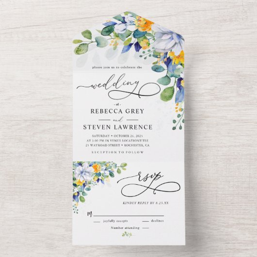 Elegante, blumengelbe blaue Hochzeit All In One Einladung (Innen Boden)