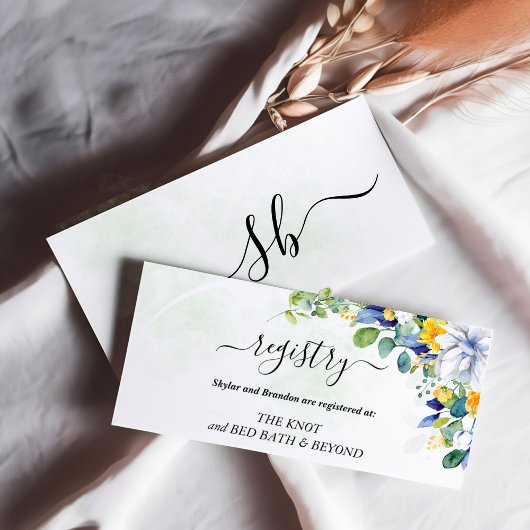 Elegante, blumengelbe blaue Hochzeit Begleitkarte