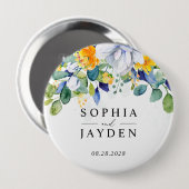 Elegante, blumengelbe blaue Hochzeit Button (Vorne & Hinten)