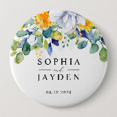 Elegante, blumengelbe blaue Hochzeit Button (Vorderseite)